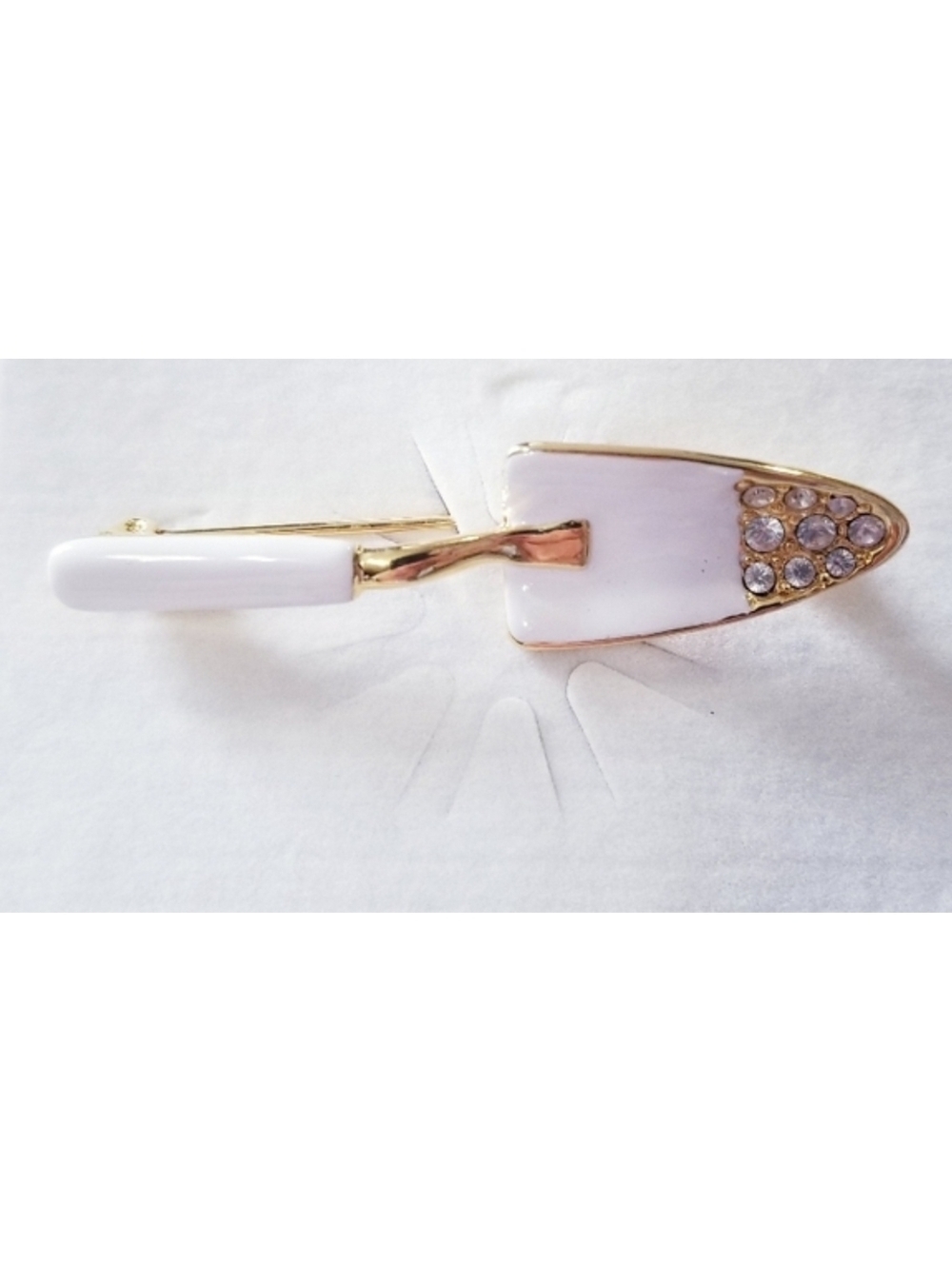 Vintage White Enamel & Crystal Gardening Spade Trowel Brooch